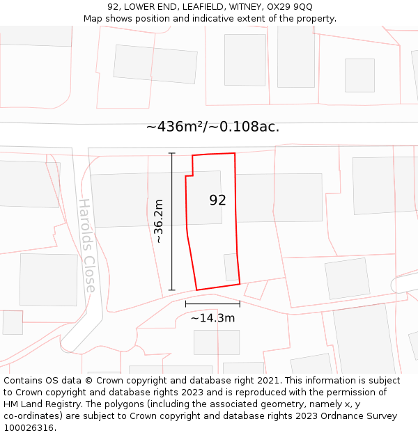 92, LOWER END, LEAFIELD, WITNEY, OX29 9QQ: Plot and title map