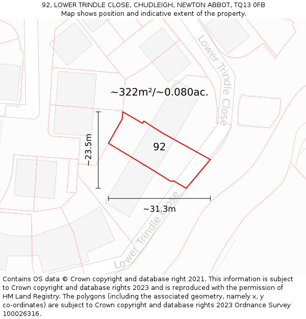92, LOWER TRINDLE CLOSE, CHUDLEIGH, NEWTON ABBOT, TQ13 0FB: Plot and title map