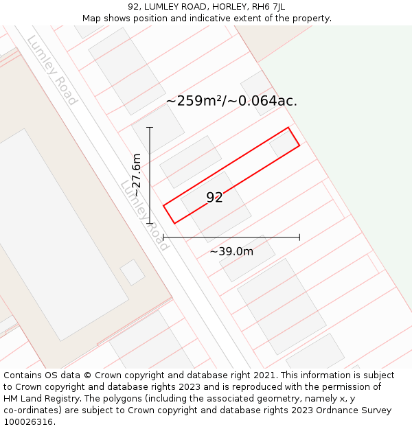 92, LUMLEY ROAD, HORLEY, RH6 7JL: Plot and title map