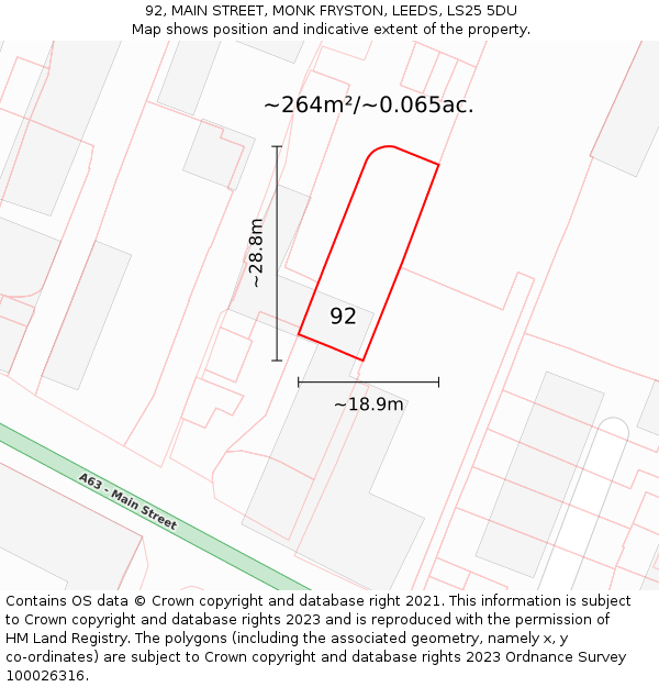 92, MAIN STREET, MONK FRYSTON, LEEDS, LS25 5DU: Plot and title map