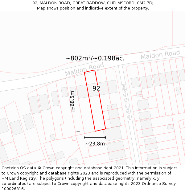 92, MALDON ROAD, GREAT BADDOW, CHELMSFORD, CM2 7DJ: Plot and title map