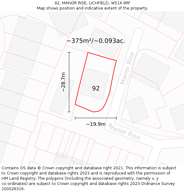 92, MANOR RISE, LICHFIELD, WS14 9RF: Plot and title map