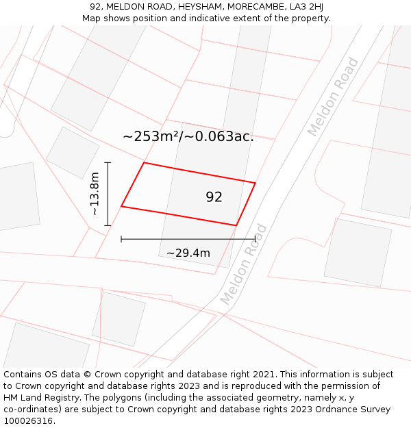 92, MELDON ROAD, HEYSHAM, MORECAMBE, LA3 2HJ: Plot and title map