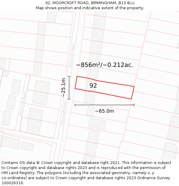 92, MOORCROFT ROAD, BIRMINGHAM, B13 8LU: Plot and title map