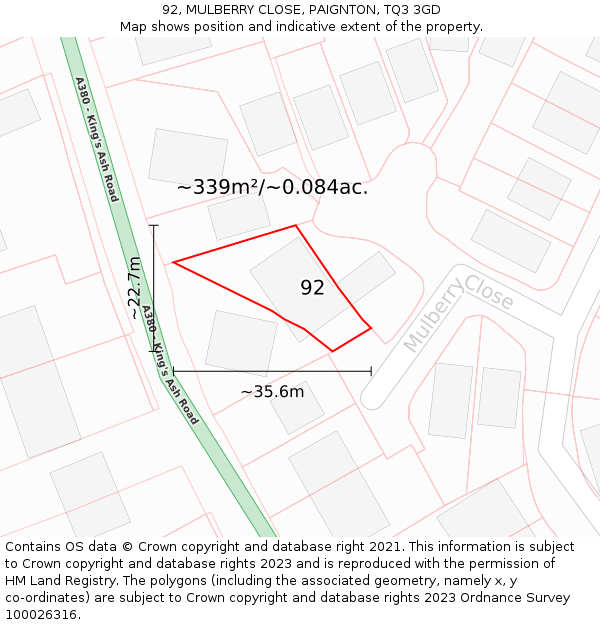 92, MULBERRY CLOSE, PAIGNTON, TQ3 3GD: Plot and title map