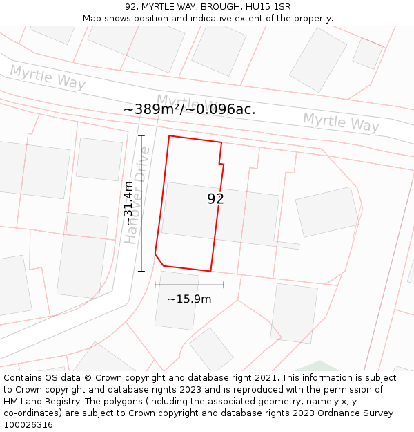 92, MYRTLE WAY, BROUGH, HU15 1SR: Plot and title map