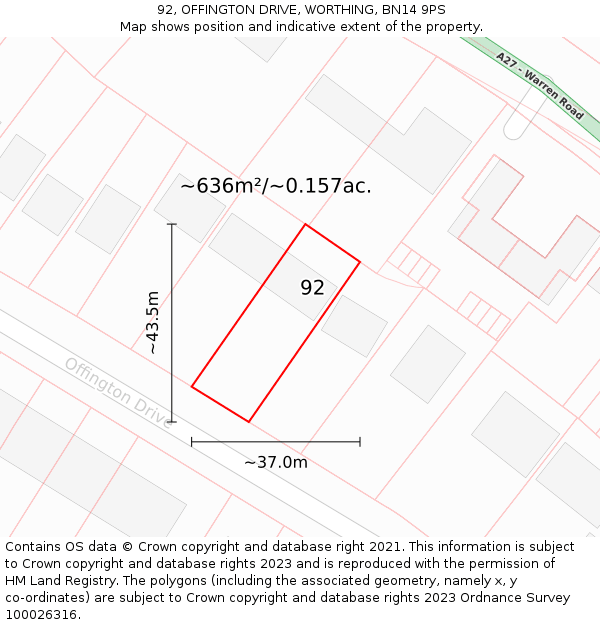 92, OFFINGTON DRIVE, WORTHING, BN14 9PS: Plot and title map