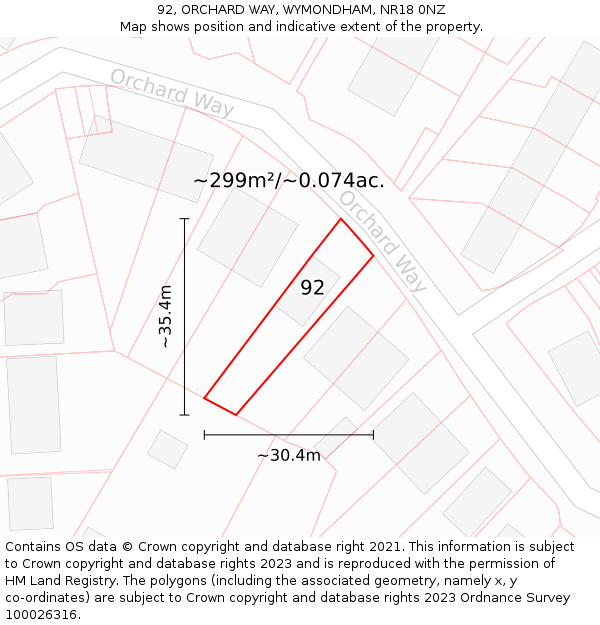 92, ORCHARD WAY, WYMONDHAM, NR18 0NZ: Plot and title map