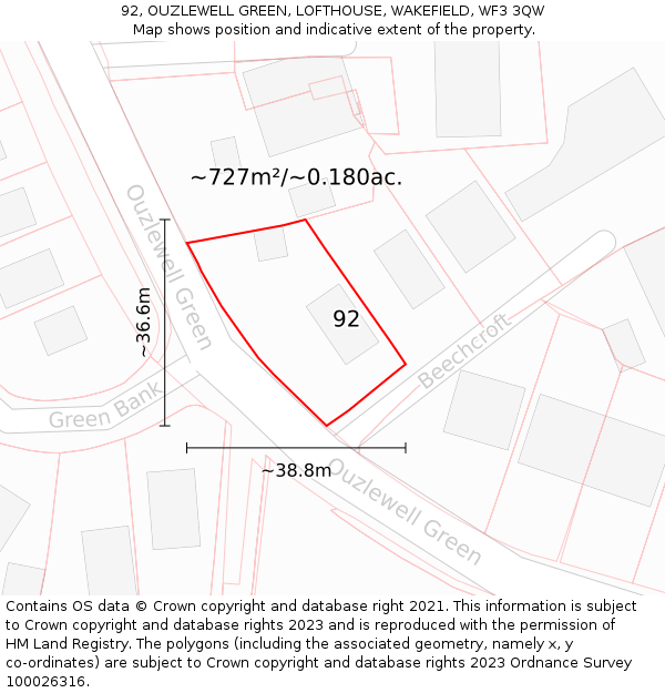 92, OUZLEWELL GREEN, LOFTHOUSE, WAKEFIELD, WF3 3QW: Plot and title map