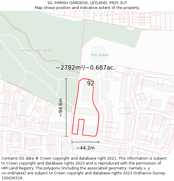92, PARISH GARDENS, LEYLAND, PR25 3UT: Plot and title map