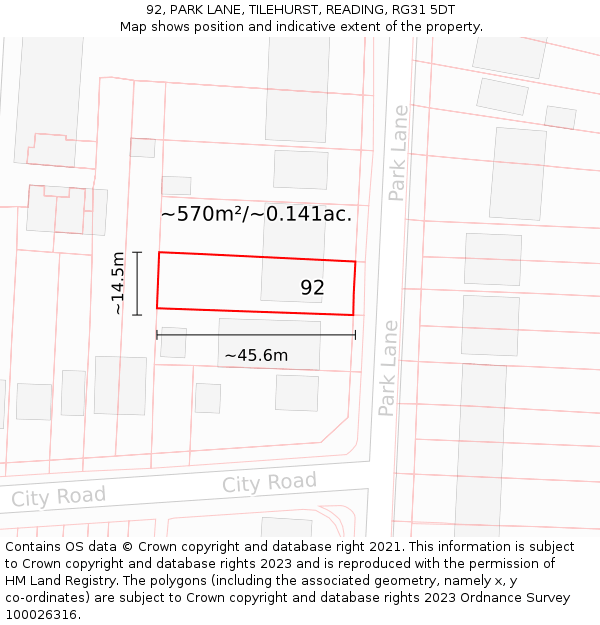 92, PARK LANE, TILEHURST, READING, RG31 5DT: Plot and title map