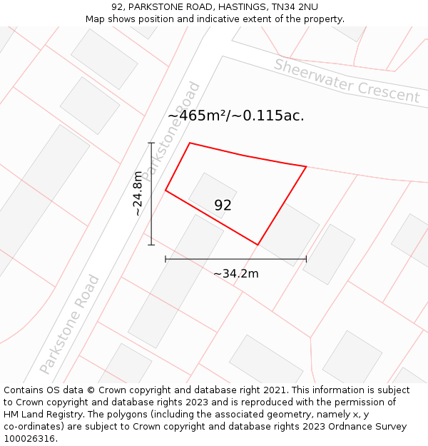 92, PARKSTONE ROAD, HASTINGS, TN34 2NU: Plot and title map