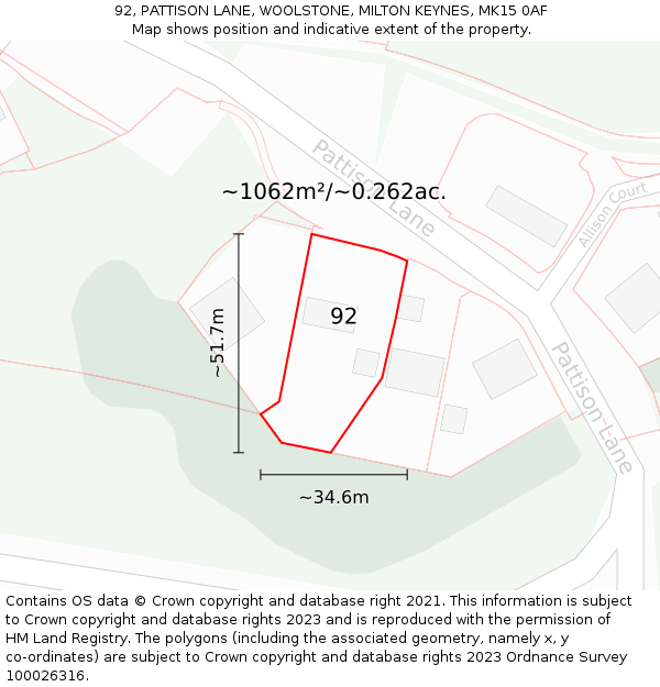 92, PATTISON LANE, WOOLSTONE, MILTON KEYNES, MK15 0AF: Plot and title map