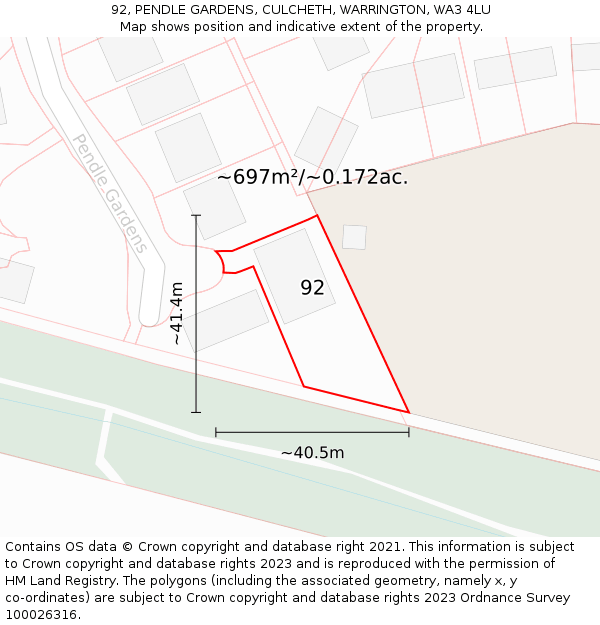 92, PENDLE GARDENS, CULCHETH, WARRINGTON, WA3 4LU: Plot and title map