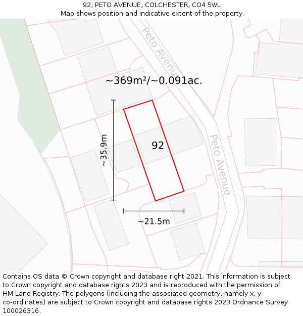 92, PETO AVENUE, COLCHESTER, CO4 5WL: Plot and title map