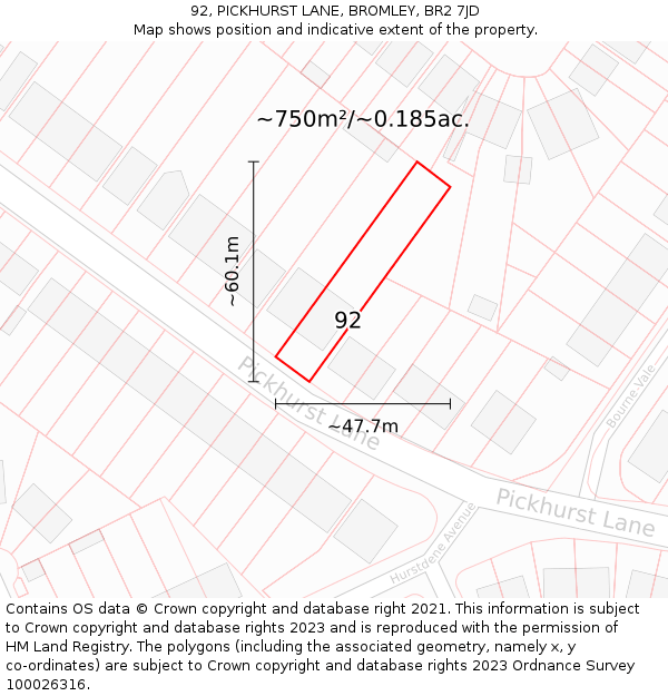 92, PICKHURST LANE, BROMLEY, BR2 7JD: Plot and title map