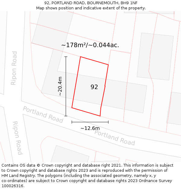 92, PORTLAND ROAD, BOURNEMOUTH, BH9 1NF: Plot and title map