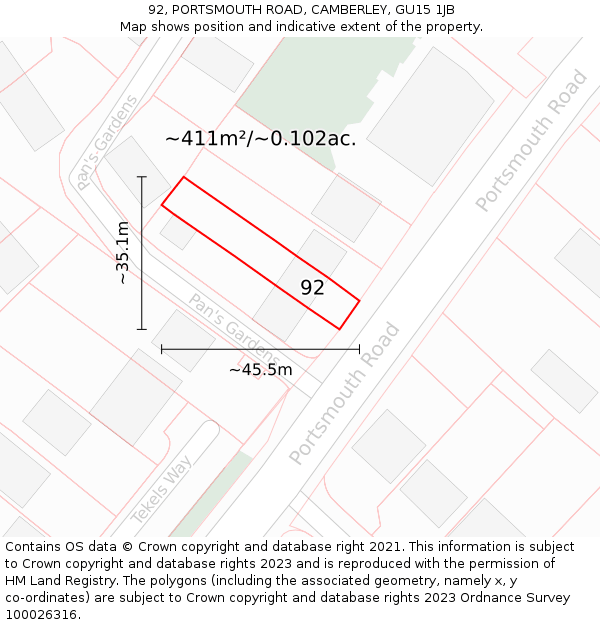 92, PORTSMOUTH ROAD, CAMBERLEY, GU15 1JB: Plot and title map
