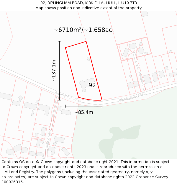 92, RIPLINGHAM ROAD, KIRK ELLA, HULL, HU10 7TR: Plot and title map