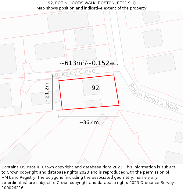 92, ROBIN HOODS WALK, BOSTON, PE21 9LQ: Plot and title map