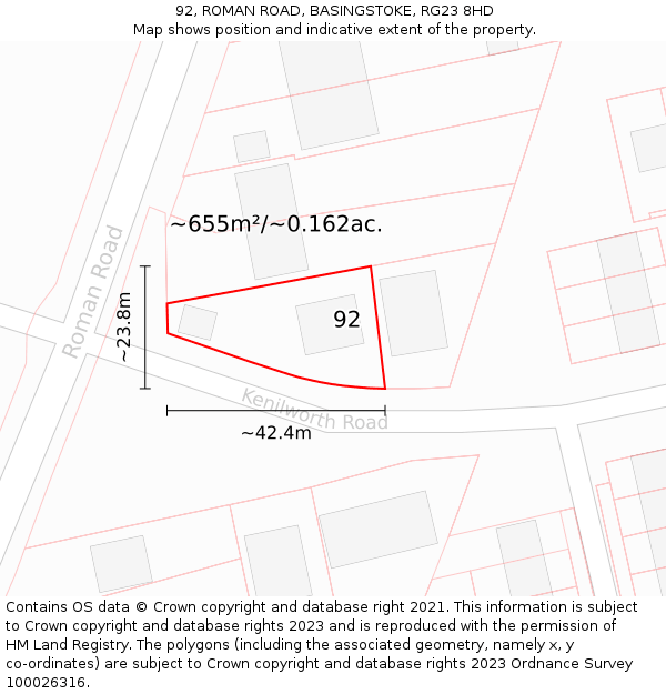 92, ROMAN ROAD, BASINGSTOKE, RG23 8HD: Plot and title map