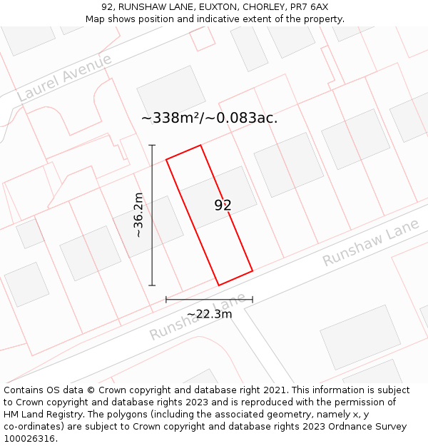 92, RUNSHAW LANE, EUXTON, CHORLEY, PR7 6AX: Plot and title map