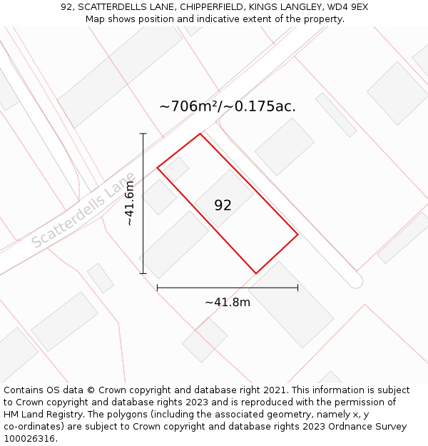 92, SCATTERDELLS LANE, CHIPPERFIELD, KINGS LANGLEY, WD4 9EX: Plot and title map