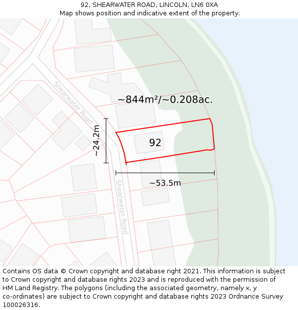 92, SHEARWATER ROAD, LINCOLN, LN6 0XA: Plot and title map
