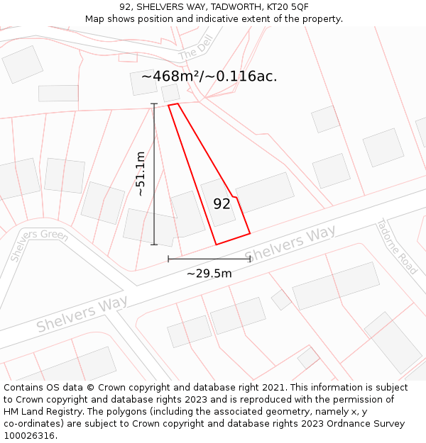 92, SHELVERS WAY, TADWORTH, KT20 5QF: Plot and title map