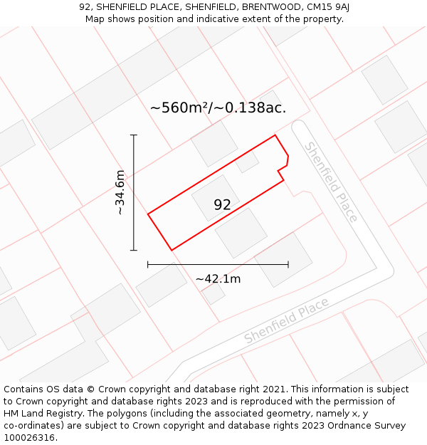 92, SHENFIELD PLACE, SHENFIELD, BRENTWOOD, CM15 9AJ: Plot and title map