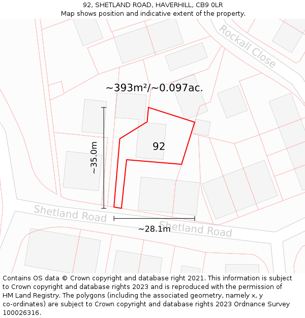 92, SHETLAND ROAD, HAVERHILL, CB9 0LR: Plot and title map