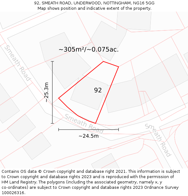92, SMEATH ROAD, UNDERWOOD, NOTTINGHAM, NG16 5GG: Plot and title map