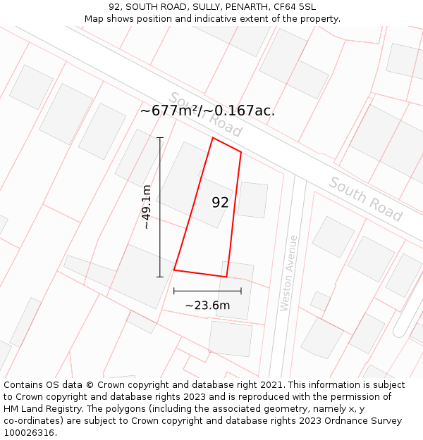 92, SOUTH ROAD, SULLY, PENARTH, CF64 5SL: Plot and title map