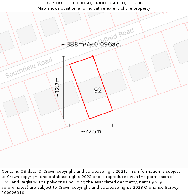 92, SOUTHFIELD ROAD, HUDDERSFIELD, HD5 8RJ: Plot and title map