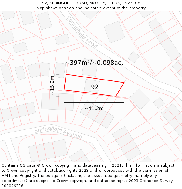 92, SPRINGFIELD ROAD, MORLEY, LEEDS, LS27 9TA: Plot and title map