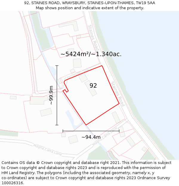 92, STAINES ROAD, WRAYSBURY, STAINES-UPON-THAMES, TW19 5AA: Plot and title map