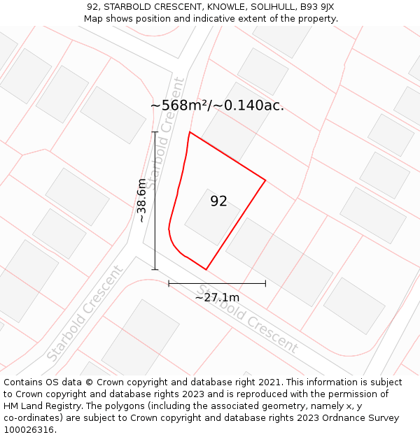 92, STARBOLD CRESCENT, KNOWLE, SOLIHULL, B93 9JX: Plot and title map