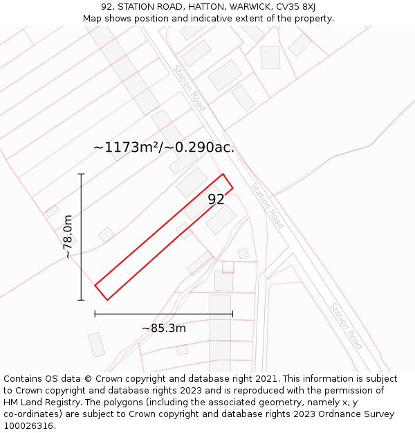 92, STATION ROAD, HATTON, WARWICK, CV35 8XJ: Plot and title map