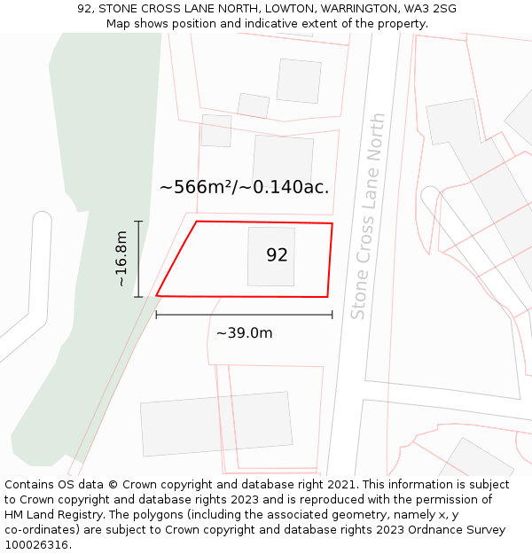 92, STONE CROSS LANE NORTH, LOWTON, WARRINGTON, WA3 2SG: Plot and title map