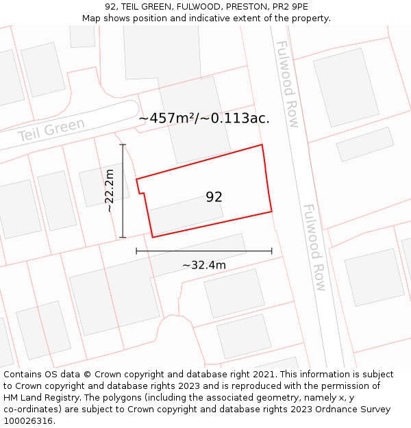 92, TEIL GREEN, FULWOOD, PRESTON, PR2 9PE: Plot and title map