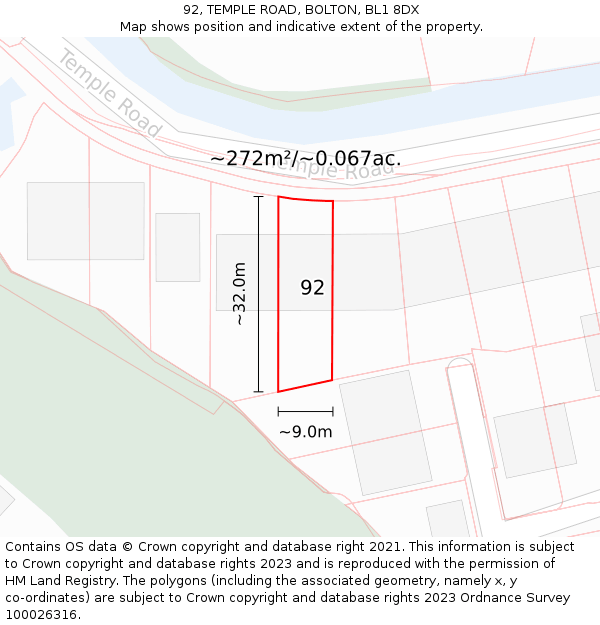92, TEMPLE ROAD, BOLTON, BL1 8DX: Plot and title map