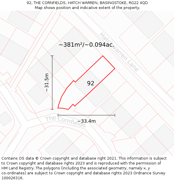92, THE CORNFIELDS, HATCH WARREN, BASINGSTOKE, RG22 4QD: Plot and title map