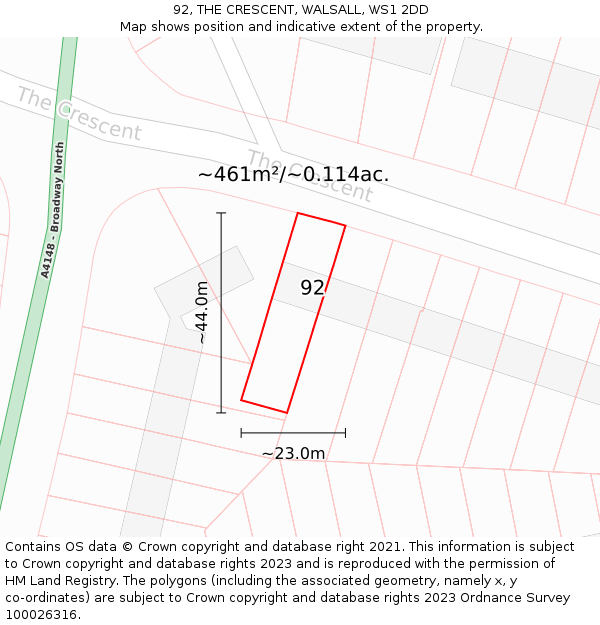 92, THE CRESCENT, WALSALL, WS1 2DD: Plot and title map