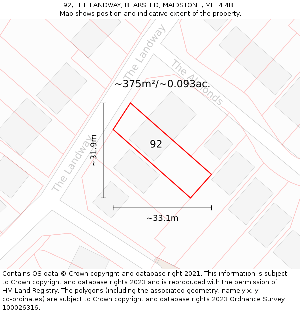 92, THE LANDWAY, BEARSTED, MAIDSTONE, ME14 4BL: Plot and title map