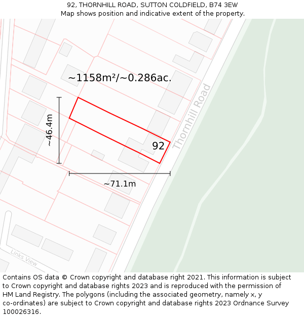 92, THORNHILL ROAD, SUTTON COLDFIELD, B74 3EW: Plot and title map