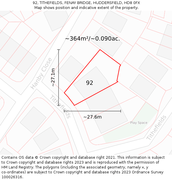 92, TITHEFIELDS, FENAY BRIDGE, HUDDERSFIELD, HD8 0FX: Plot and title map