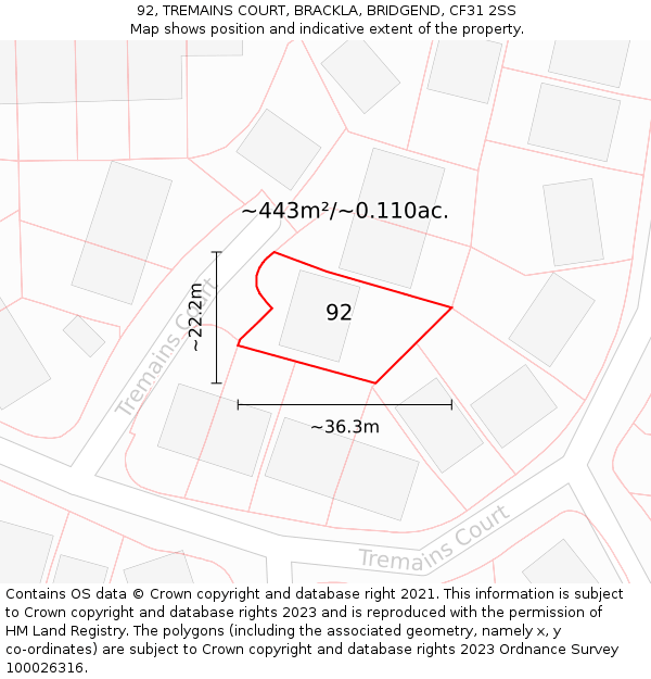 92, TREMAINS COURT, BRACKLA, BRIDGEND, CF31 2SS: Plot and title map