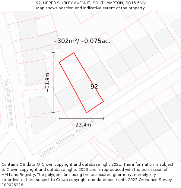 92, UPPER SHIRLEY AVENUE, SOUTHAMPTON, SO15 5NN: Plot and title map