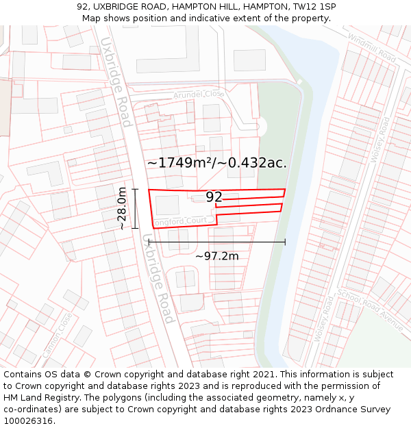 92, UXBRIDGE ROAD, HAMPTON HILL, HAMPTON, TW12 1SP: Plot and title map