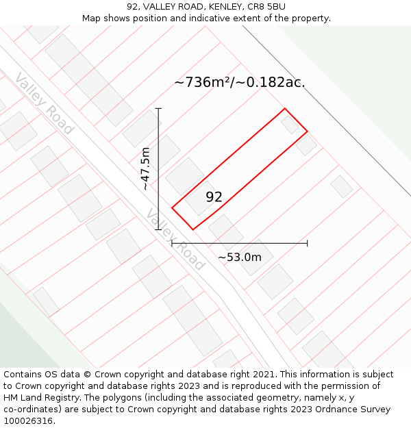 92, VALLEY ROAD, KENLEY, CR8 5BU: Plot and title map